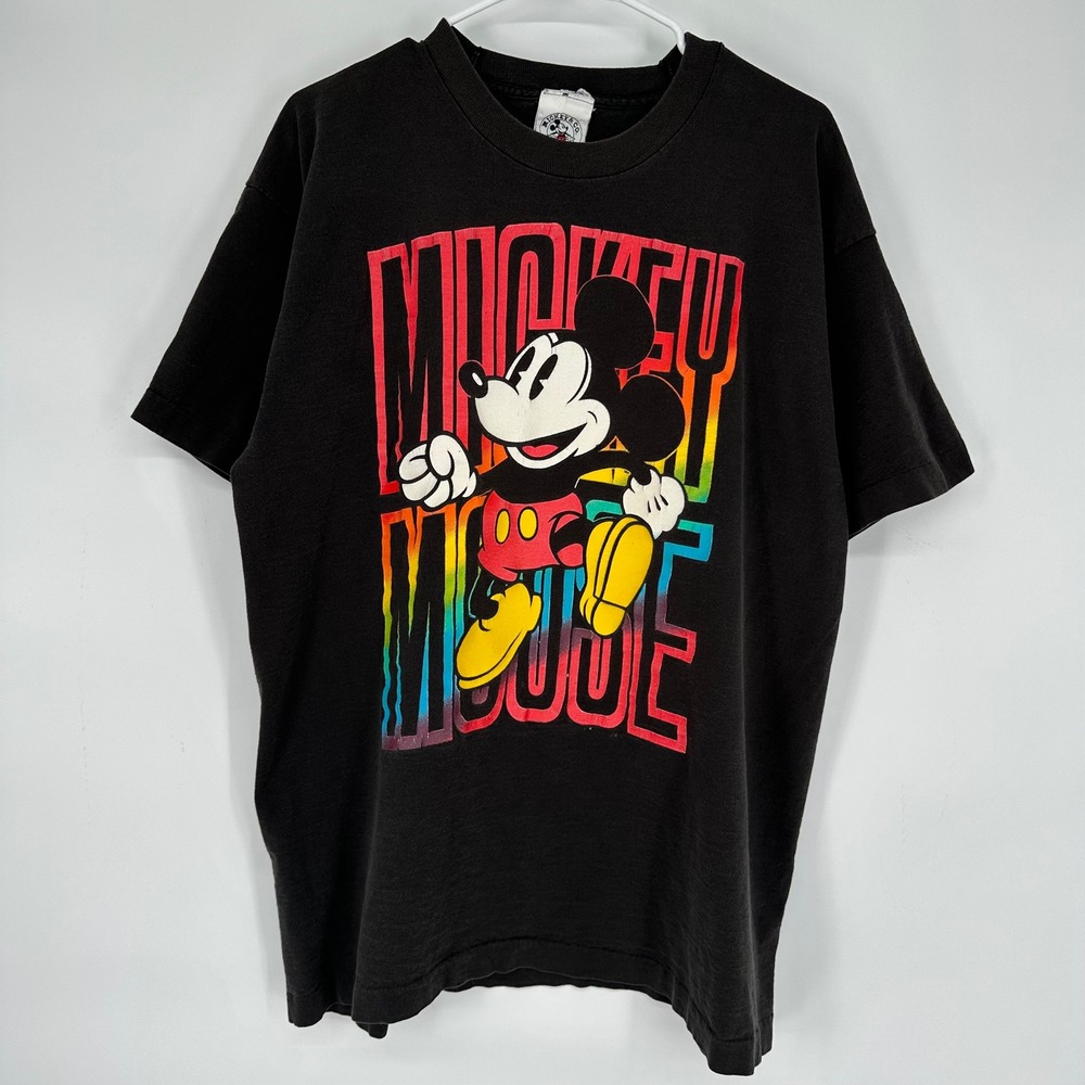 Vintage 90s Mickey & Co Disney Rainbow Mickey Mouse Shirt Black XL Single Stitch